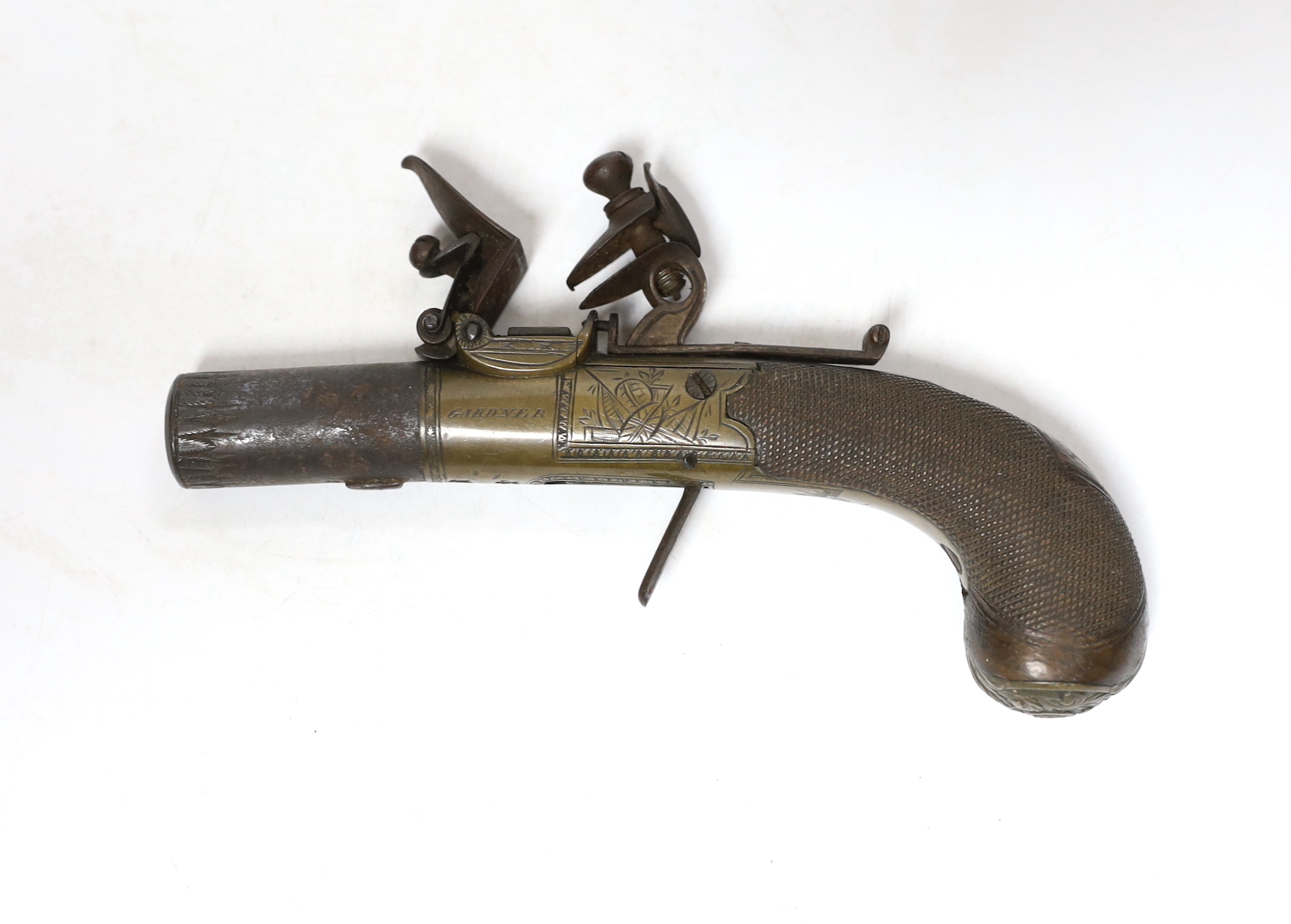 An early 19th century Flintlock pocket pistol by Gardner, with engraved lock, chequered walnut stock and turn off barrel